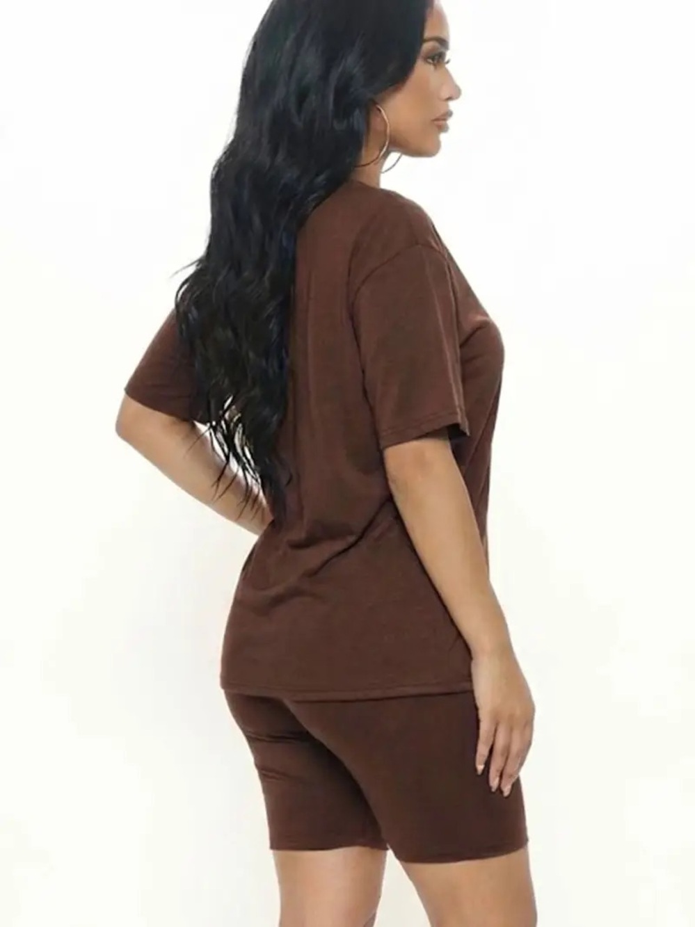 Basic Short Sleeve Top & Biker Short Set — Chocolate Brown - Picture 2 of 4